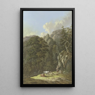 Karl Franz Kraul - Waldige Berglandschaft mit einem alten Tor und einer Viehherde in einer Lichtung.webp