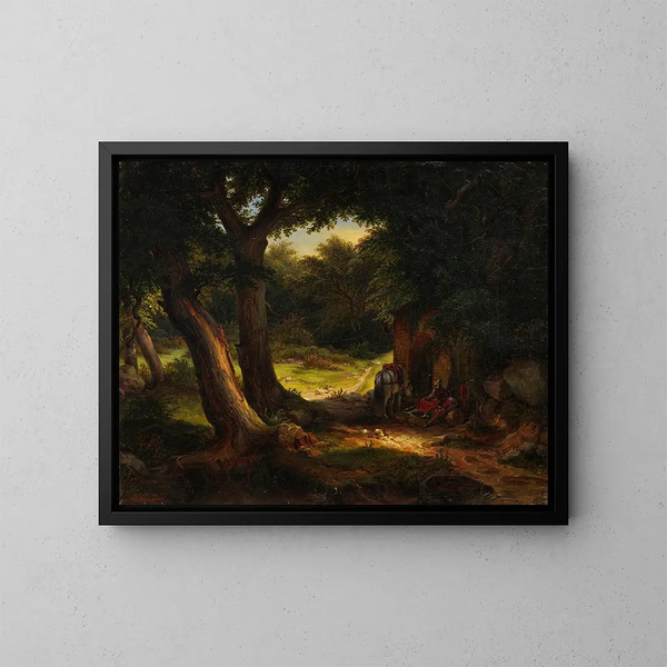 Chêne mit einem gekreuzten Ruhemotiv in der Nähe eines Brunnens - Karl Friedrich Lessing — gerahmtes Bild an der Wand