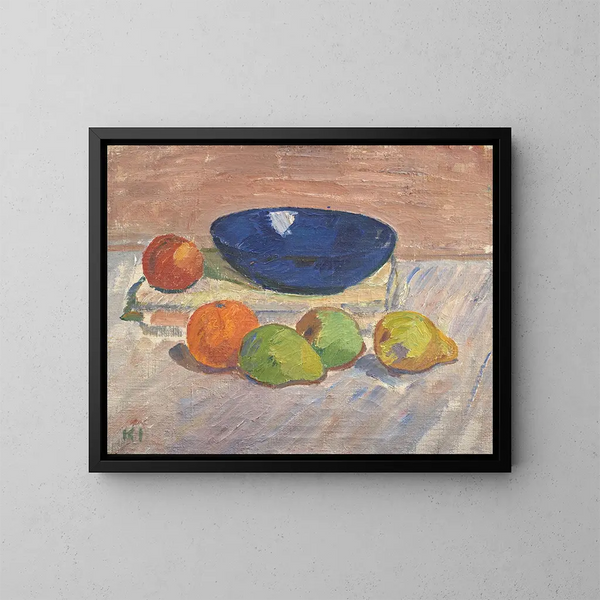 Stillleben mit einer blauen Schüssel und Früchten - Karl Isakson — gerahmtes Bild an der Wand