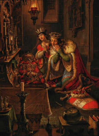 Karl Russ - King Albert II and His Wife Elizabeth of Luxembourg in Prayer on the Altar the Crowns of Bohemia and Hungary as well as the Imperial Crown of the Holy Roman Empire.webp