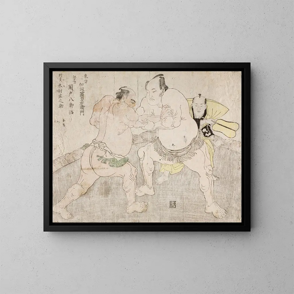 Kämpfer Kajigahama Rikiemon aus der östlichen Gruppe und Sekinoto Hachirji aus der Edo-Zeit mit dem Schiedsrichter Kimura Shnosuke - Katsukawa Shunshō — gerahmtes Bild an der Wand