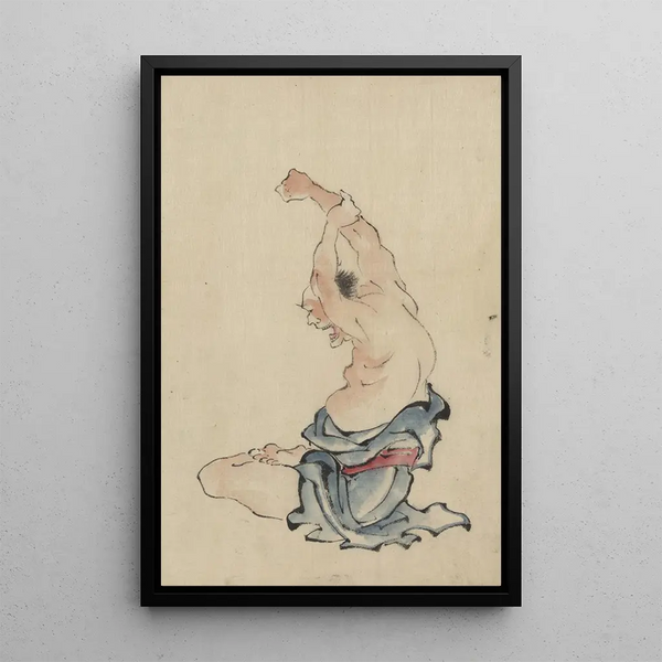 Katsushika Hokusai - A man barechested sitting crosslegged with arms raised over his head stretching or practicing yoga.webp