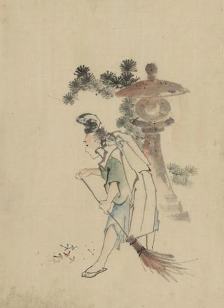 Katsushika Hokusai - A man sweeping pine needles that have fallen from a tree near a stone shrine.webp