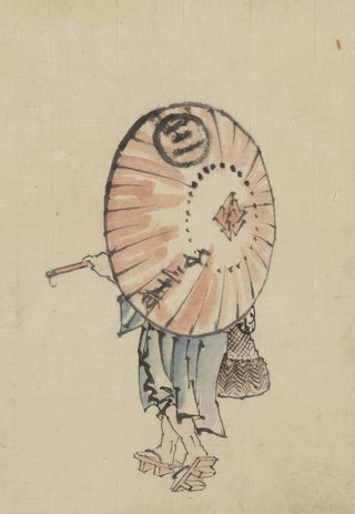 Katsushika Hokusai - A person walking to the left mostly obscured by an open parasol carried over the shoulder.webp