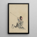 a seated traveler, wearing a dress, boots, and a rounded conical hat, smoking a long pipe - Katsushika Hokusai — framed artwork on a wall