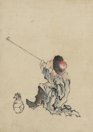 Katsushika Hokusai - A traveler seated wearing a robe boots and roundedtop conical hat smoking a long pipe.webp