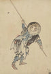 Vista posteriore di un uomo in piedi, indossando più strati di vestiti e un cappello conico arrotondato - Katsushika Hokusai — vista dell’opera