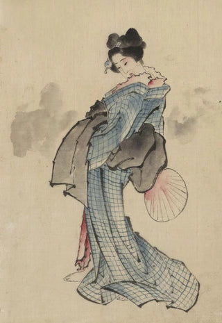 Katsushika Hokusai - Woman fulllength portrait standing facing left holding fan in right hand wearing kimono with check design.webp