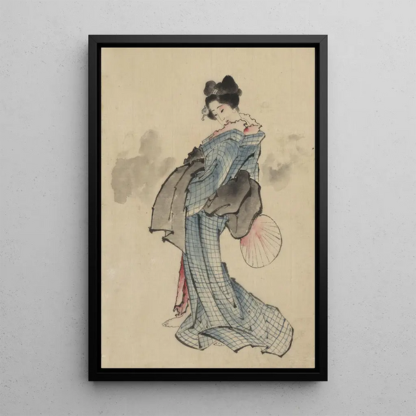Katsushika Hokusai - Woman fulllength portrait standing facing left holding fan in right hand wearing kimono with check design.webp