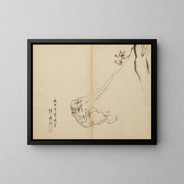 Die langen Arme, die Früchte greifen - Kawanabe Kyōsai — gerahmtes Bild an der Wand