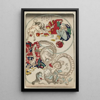 Kawanabe Kysai - Two longnecked creatures accosting a noodle shop customer.webp