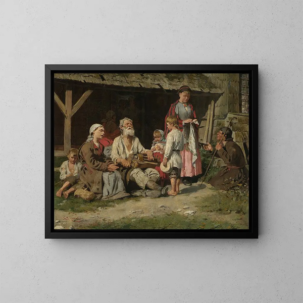 Szenenbild mit einem Geiger vor einem Cottage - Kazimierz Pochwalski — gerahmtes Bild an der Wand