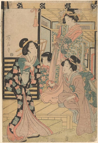 Kikukawa Eizan - Three Beauties and a Child two standing one seated.webp
