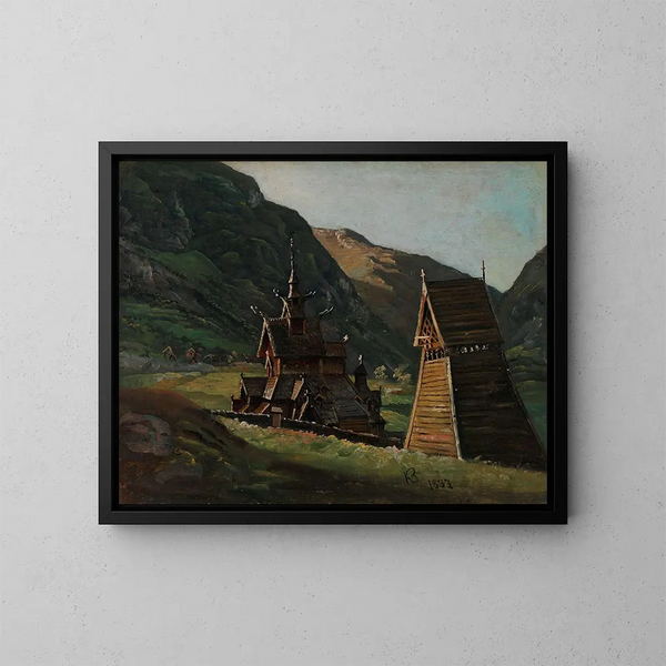 Kirche aus Holz in Borgund bei Lærdal - Knud Baade — gerahmtes Bild an der Wand