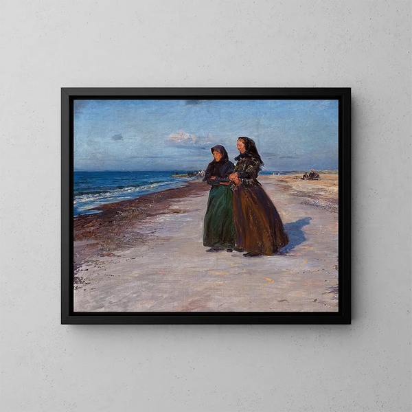 Due donne pescatrici sulla spiaggia in tempo di tempesta, Jutland del Nord - Knud Larsen Bergslien — quadro incorniciato alla parete
