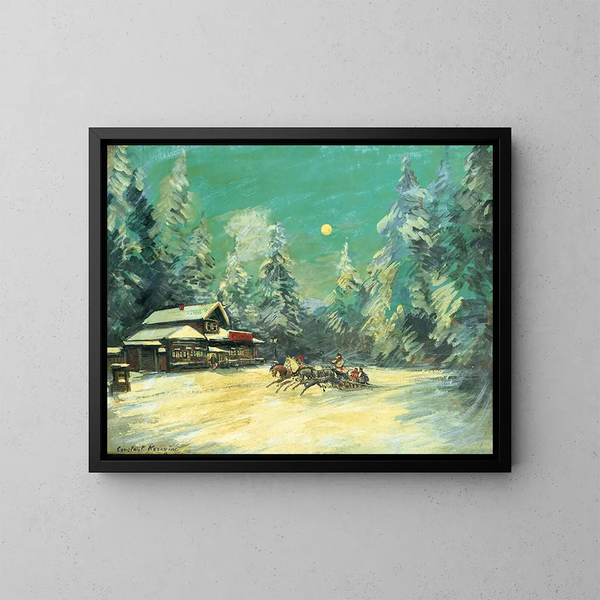 Troika che passa davanti a una locanda di notte - Konstantin Alexeïevitch Korovine — quadro incorniciato alla parete
