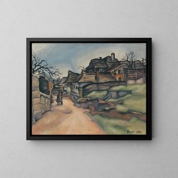 Häuser im Dorf mit figurativem Gemälde - Konstantin Bauer — gerahmtes Bild an der Wand
