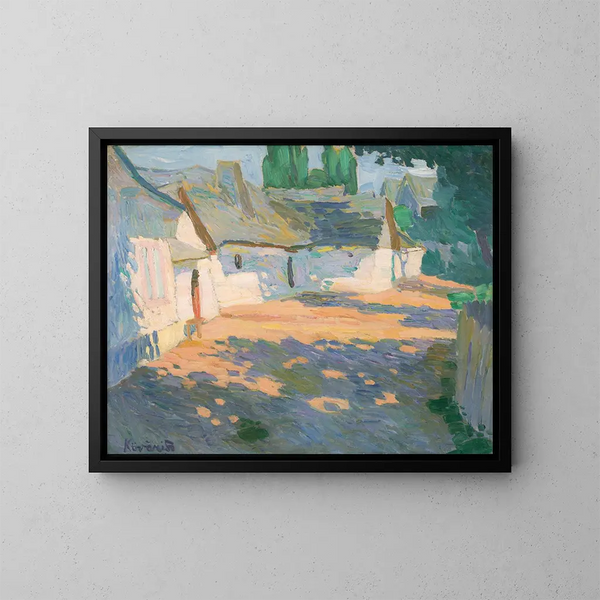 Nella corte del villaggio al mattino - Konstantin Korovin — quadro incorniciato alla parete