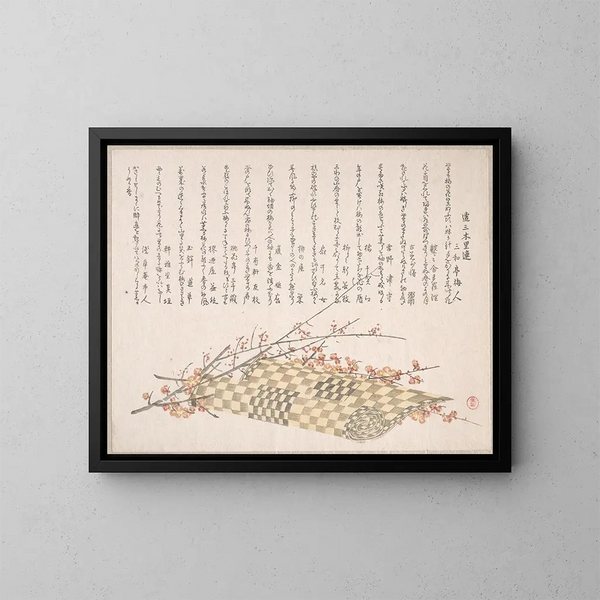 Zweige eines Pflaumenbaums mit Blumen und einem aufgerollten Teppich - Kubo Shunman — gerahmtes Bild an der Wand