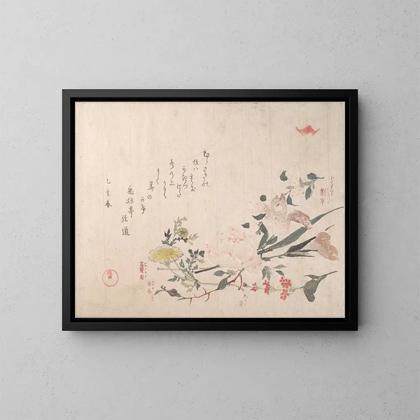 Rose, iris, primel und margerite - Kubo Shunman — gerahmtes Bild an der Wand