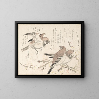 Moineaux e fiori di pruno - Kubo Shunman — quadro incorniciato alla parete