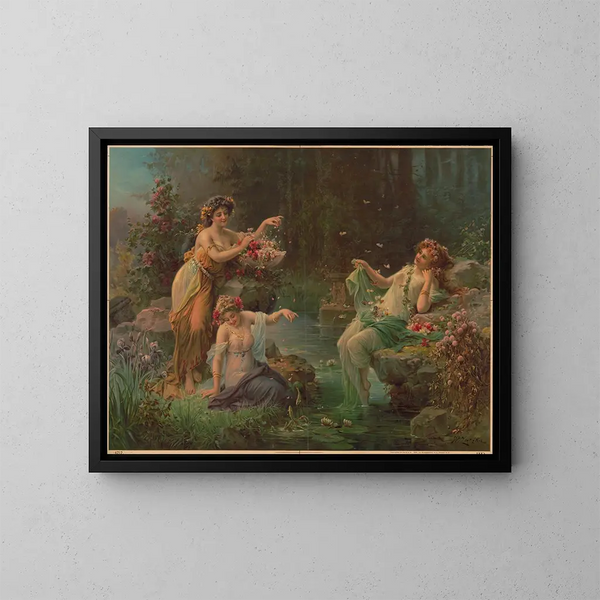 Drei Frauen in Drapiertem Stoff mit Blumen und Schmetterlingen - Kunstanstalten AG — gerahmtes Bild an der Wand