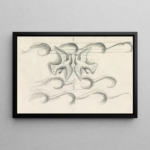 Leo Gestel - Ontwerpen voor een watermerk van een bankbiljet Twee duiven vliegend boven de golven.webp
