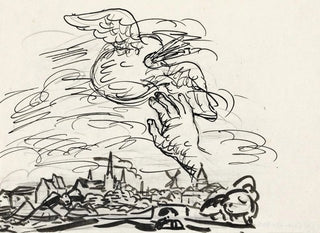 Leo Gestel - Zonder titel Schets vignet voor biografie van Gestel door Van der Pluym gezicht op Woerden met daarboven een hand die reikt naar een gevleugeld palet.webp