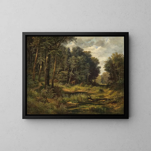 Cervo al bordo dello stagno forestale - Leopold Munsch — quadro incorniciato alla parete