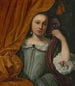 Portrait einer Mädchen, die hinter einem orangefarbenen Vorhang schaut - Lodewijk van der Helst — Ansicht des Kunstwerks