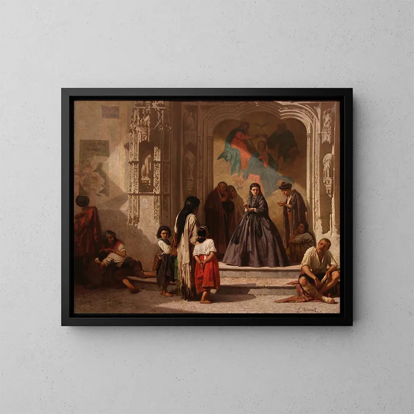 Junge Frau, die am Eingang der Kapelle des Krankenhauses San Sebastián in Córdoba wohltätig ist - Léon Bonnat — gerahmtes Bild an der Wand
