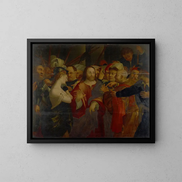 Il Cristo e la donna adultera - Lorenzo Lotto — quadro incorniciato alla parete