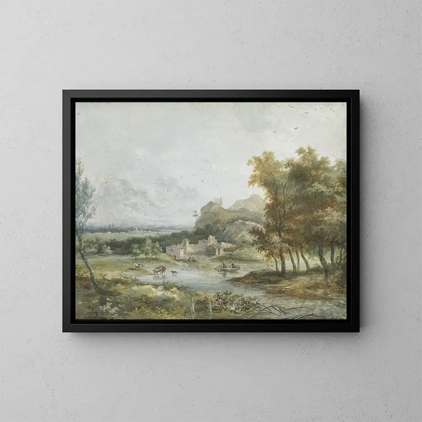 Italienisches Landschaftsgemälde mit einer nautischen Feier - Louis Gabriel Moreau — gerahmtes Bild an der Wand