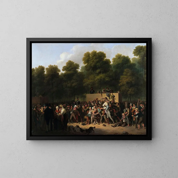 Verteilung von Wein und Lebensmitteln an den Champs-Élysées anlässlich des Königsfestes - Louis Léopold Boilly — gerahmtes Bild an der Wand