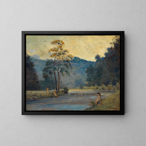 Tre ragazze e un fiume - Louis Michel Eilshemius — quadro incorniciato alla parete