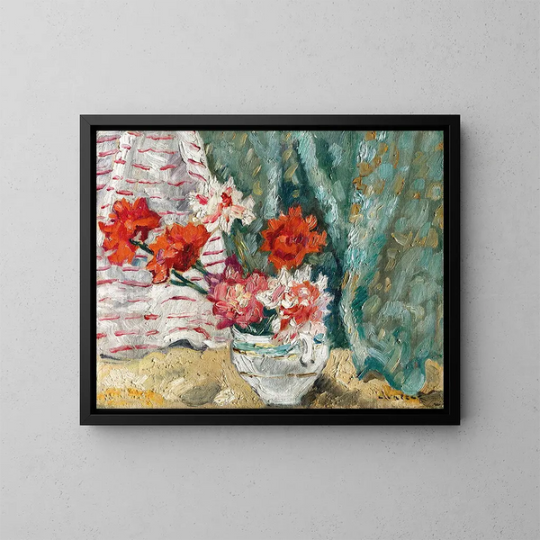 Blumenstrauß vor einem grünen Wandteppich - Louis Valtat — gerahmtes Bild an der Wand