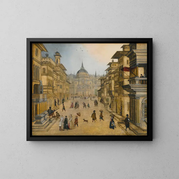 Figure eleganti che passeggiano in una città rinascimentale - Louis de Caullery — quadro incorniciato alla parete