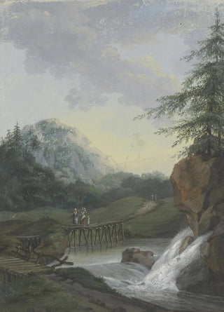 Louise von Panhuys - Landschaft mit einem Wasserfall und einem Steg auf dem zwei Frauen und ein Kind gehen.webp