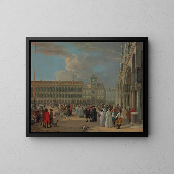 Vista di Piazza San Marco con la Torre dell'Orologio, Venezia - Luca Carlevarijs — quadro incorniciato alla parete