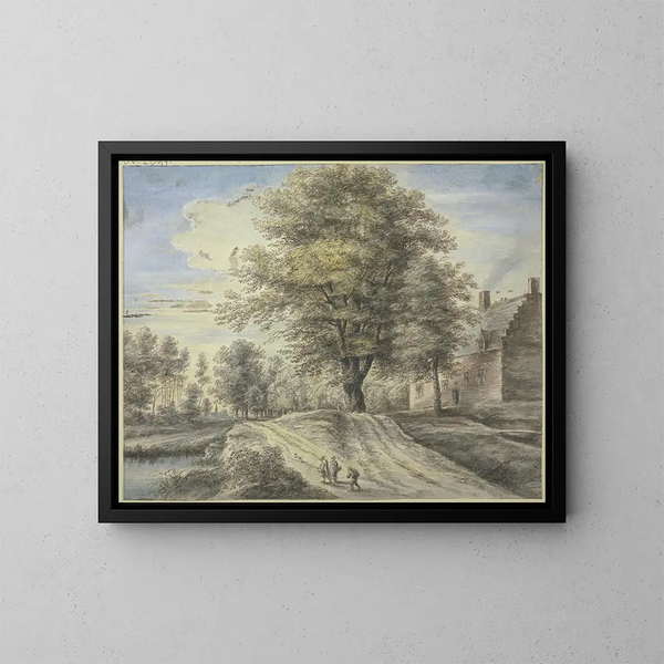 vor einem Haus, einem großen Baum, drei Figuren und einem Hund - Lucas van Uden — gerahmtes Bild an der Wand