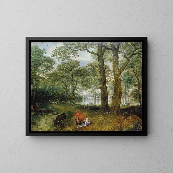Tiere weiden unter Bäumen - Lucas van Valckenborch — gerahmtes Bild an der Wand