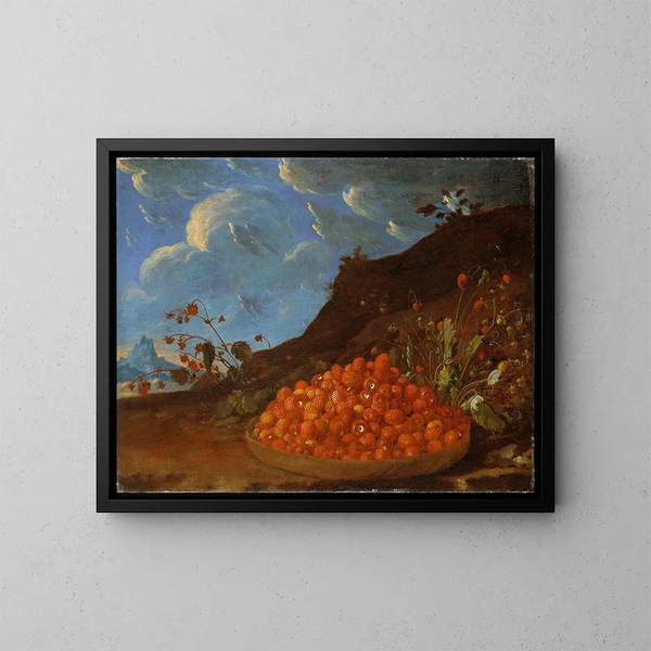 Korb mit Waldbeeren in einer Landschaft - Luis Meléndez — gerahmtes Bild an der Wand
