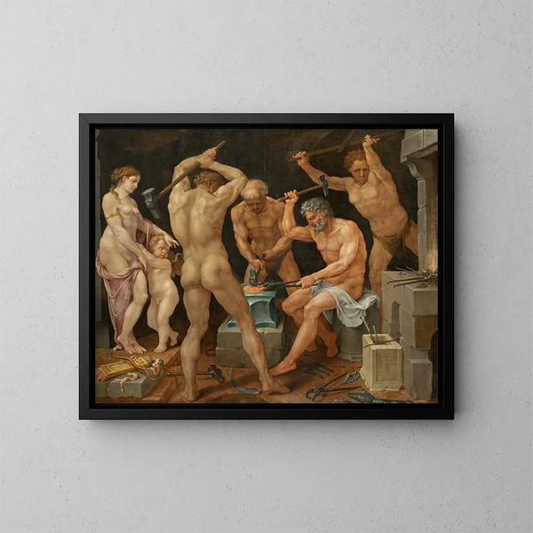 Venus und die Liebe im Atelier von Vulkan - Maarten van Heemskerck — gerahmtes Bild an der Wand