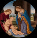Madonna adorante il Bambino con il Santo Bambino Giovanni Battista e un Angelo - Lorenzo di Credi — ambientato in un interno