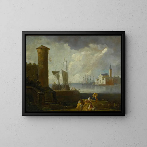 Eine Capriccio-Ansicht von San Giorgio Maggiore in Venedig - Marco Ricci — gerahmtes Bild an der Wand