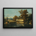 A lakeside landscape with a shepherd and his animals resting near the water, a city beyond - Marco Ricci — framed artwork on a wall
