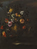 Naturstillleben mit Rosen, Tulpen und anderen Blumen in einer Bronzevase auf einer Steinkante - Margherita Caffi — Ansicht des Kunstwerks