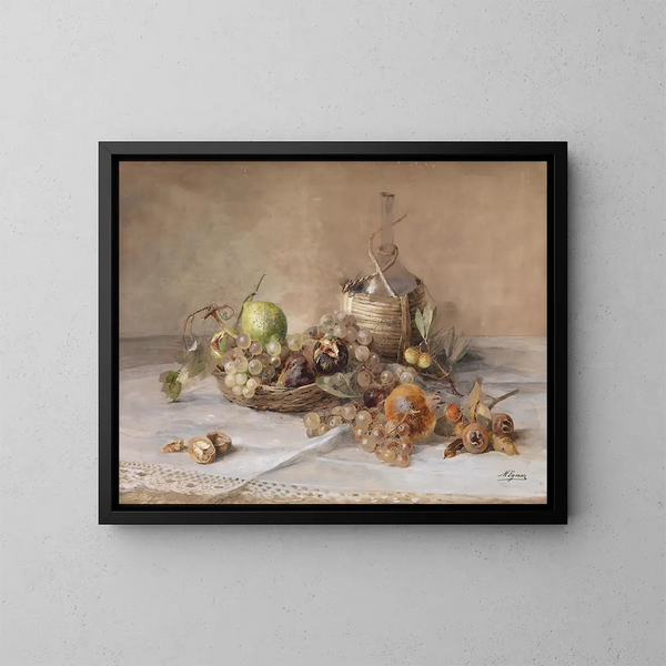 Naturmorte mit Früchten und einer Flasche Chianti - Marie Egner — gerahmtes Bild an der Wand