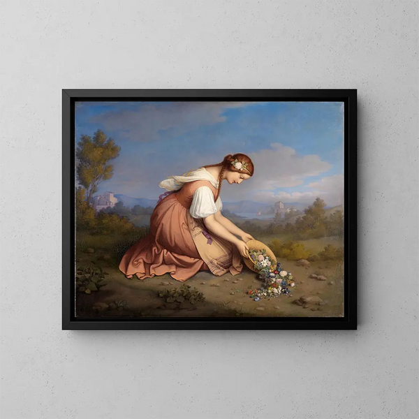 Fille a ginocchio versante un cesto di fiori - Marie Ellenrieder — quadro incorniciato alla parete