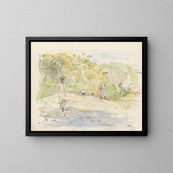 Landschaft mit Hügeln und Figuren am Flussufer - Marius Bauer — gerahmtes Bild an der Wand